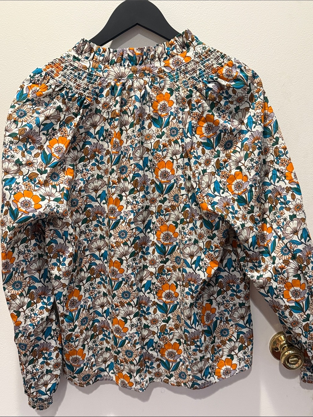 Boden Floral Button-Front Top in Orange, Teal & Brown - Picture 4 of 5